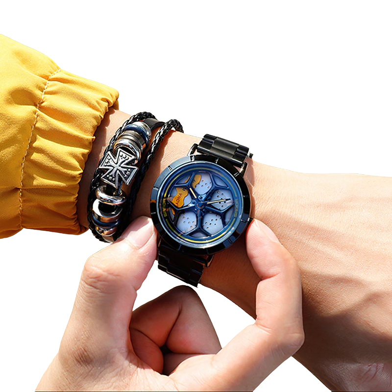 Casual waterproof analog watch with rotating roulette dial on men's wrist, perfect for stylish daily wear.