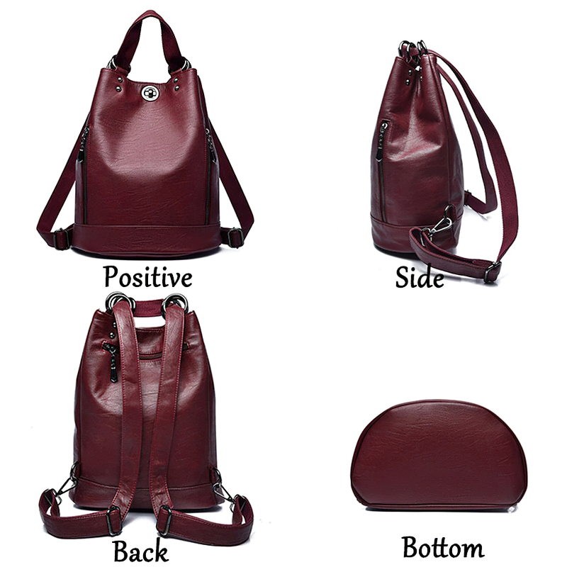 Casual women's burgundy PU leather backpack showcasing positive, side, back, and bottom views for style and functionality.