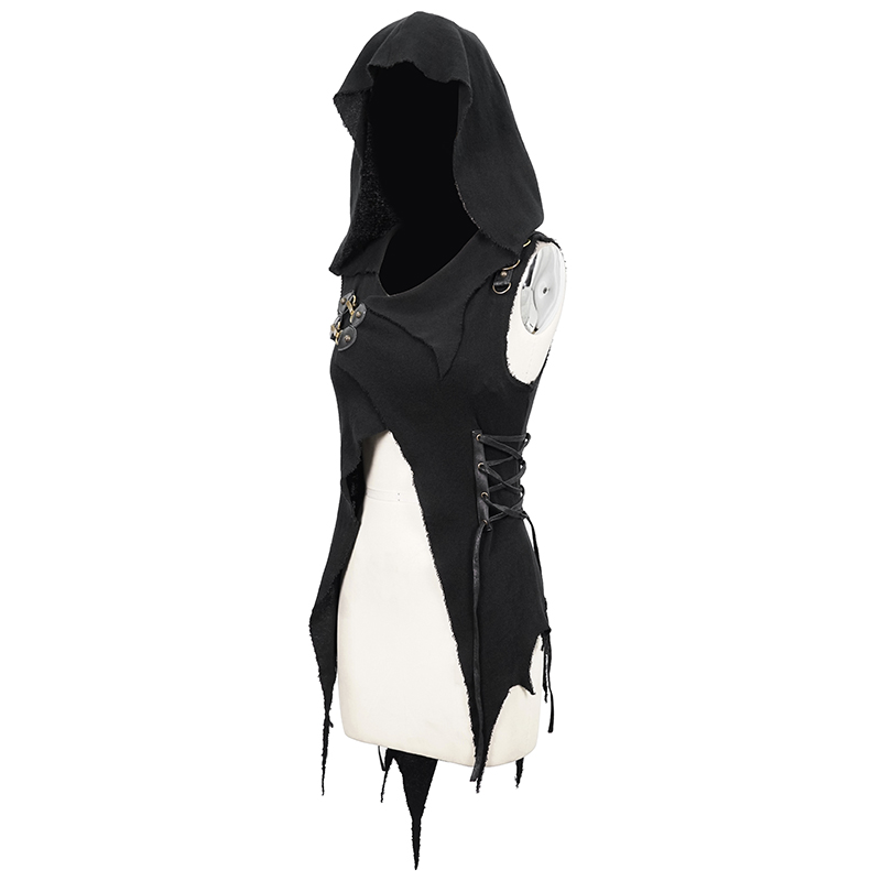 Casual Women's Hooded Asymmetrical Cape Sleeveless / Punk Black Slim Irregular Hoodie for Halloween - HARD'N'HEAVY