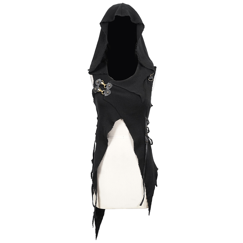 Casual Women's Hooded Asymmetrical Cape Sleeveless / Punk Black Slim Irregular Hoodie for Halloween - HARD'N'HEAVY