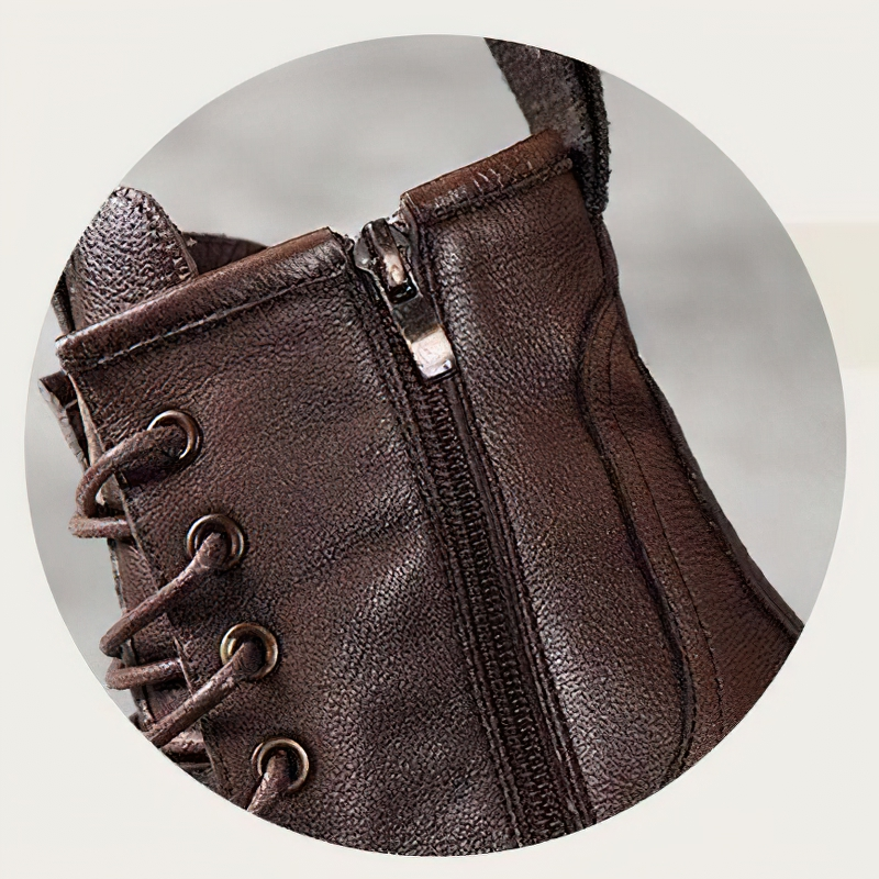 Close-up of stylish women's genuine leather boot showcasing zipper and laces for casual wear.