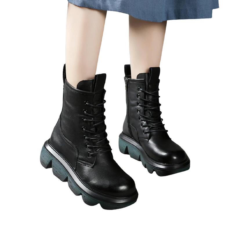 Stylish women's black leather boots with thick soles and laces, perfect for casual wear and comfort.