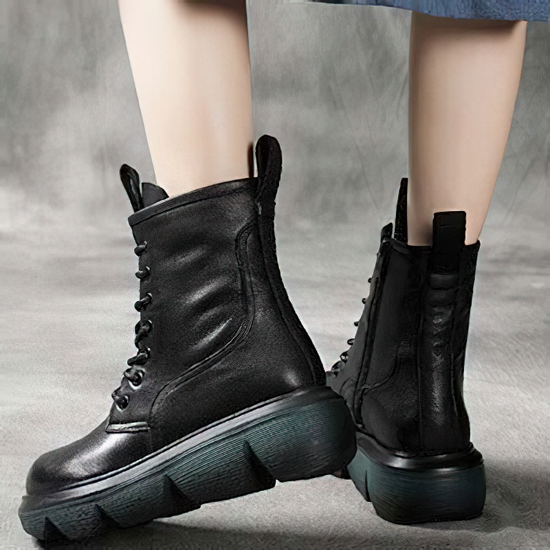 Stylish women's genuine leather boots with thick soles, perfect for casual wear and available in multiple colors.