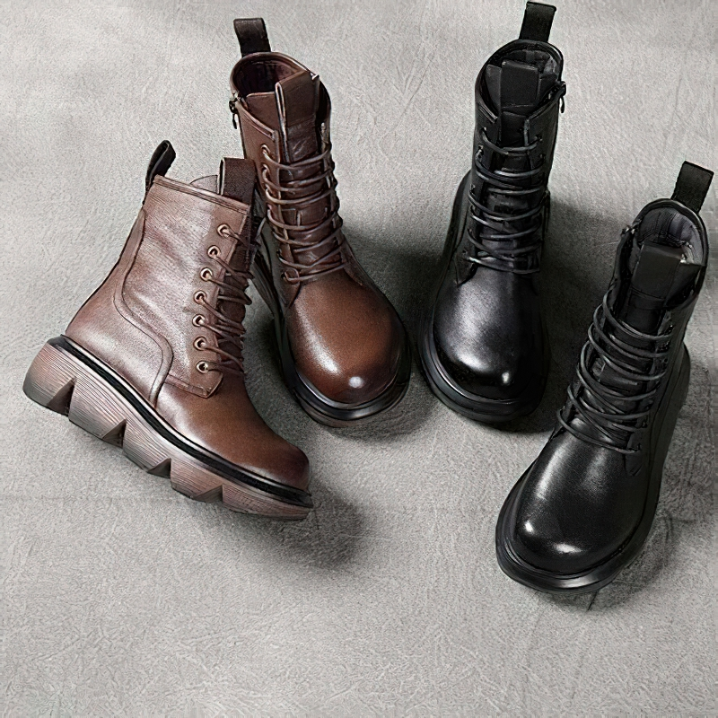 Stylish women's genuine leather boots in brown and black, featuring thick rubber soles and lace-up design for casual wear.
