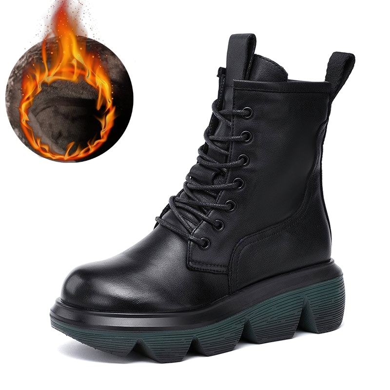 Stylish women's black leather boots with thick soles and comfortable lace-up design, perfect for casual wear.