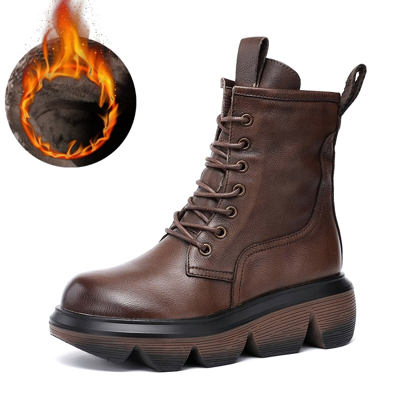 Stylish brown women's genuine leather boots with rubber soles and thick heels, ideal for casual wear.