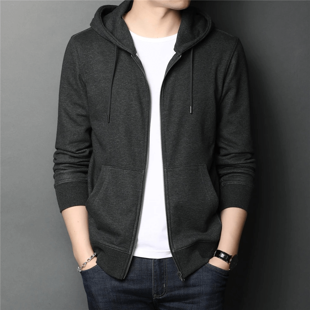 Casual Zipper Cotton Hoodies for Men / Classic Pockets Solid Color Hoodie