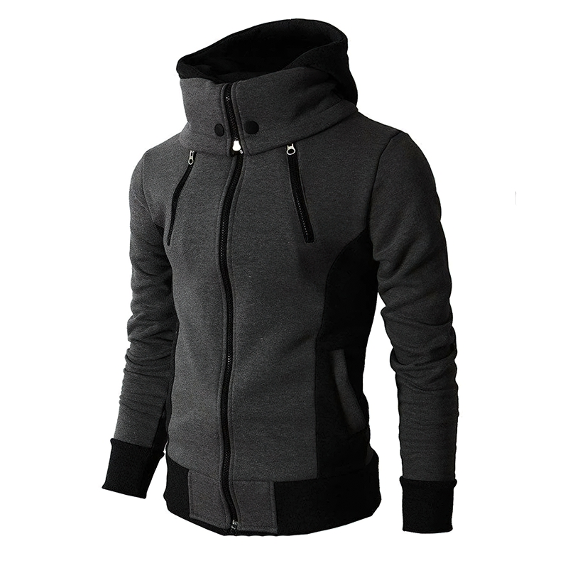 Men's casual zipper hoodie in gray color, featuring a slim fit and stylish zip details.