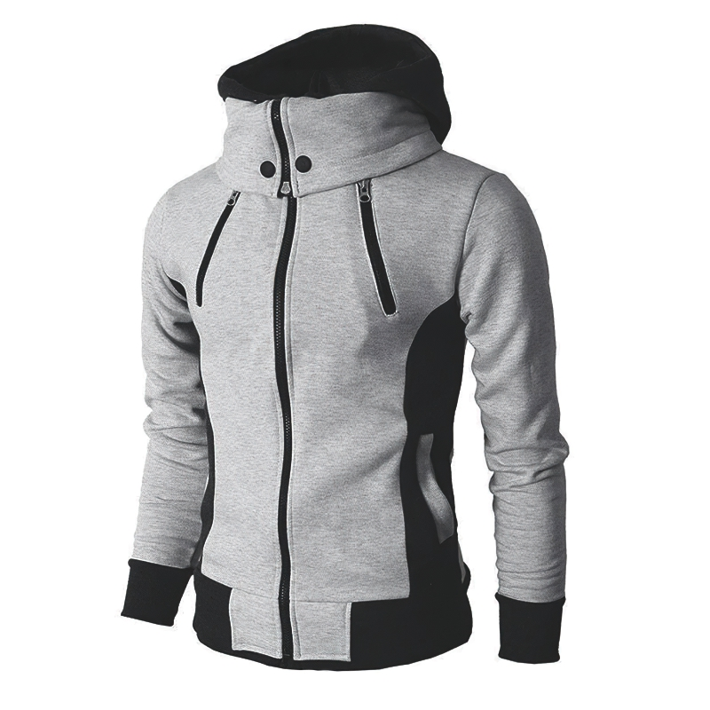 Casual men's hoodie with zippers, slim fit design, available in gray and black for stylish outwear.