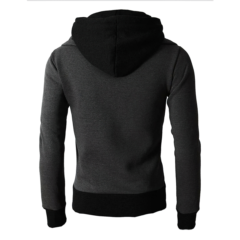 Back view of a casual zipper men's hoodie in dark gray, showcasing its slim fit and stylish hood.