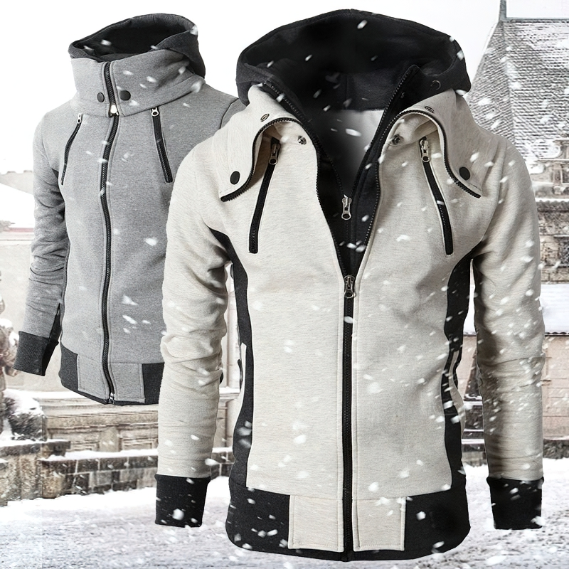 Casual men's hoodie with zippers in gray and beige, perfect for stylish winter looks.