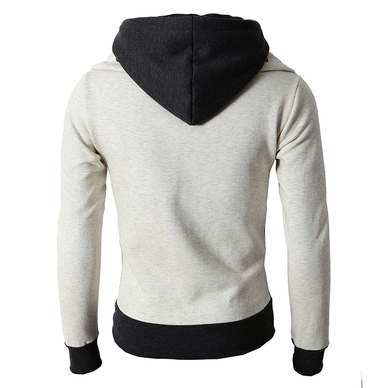 Back view of a casual men's zipper hoodie in beige and black, featuring a slim fit design and stylish hood.