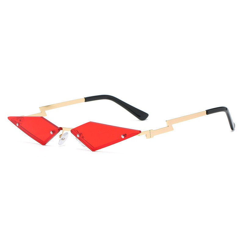 Unisex cat eye sunglasses in striking red with unique rimless design and punk style accents.