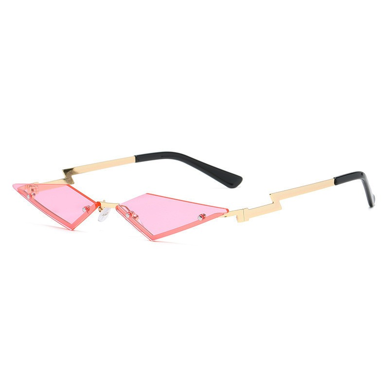 Unisex rimless cat eye sunglasses in pink with gold details, perfect for a trendy punk style.