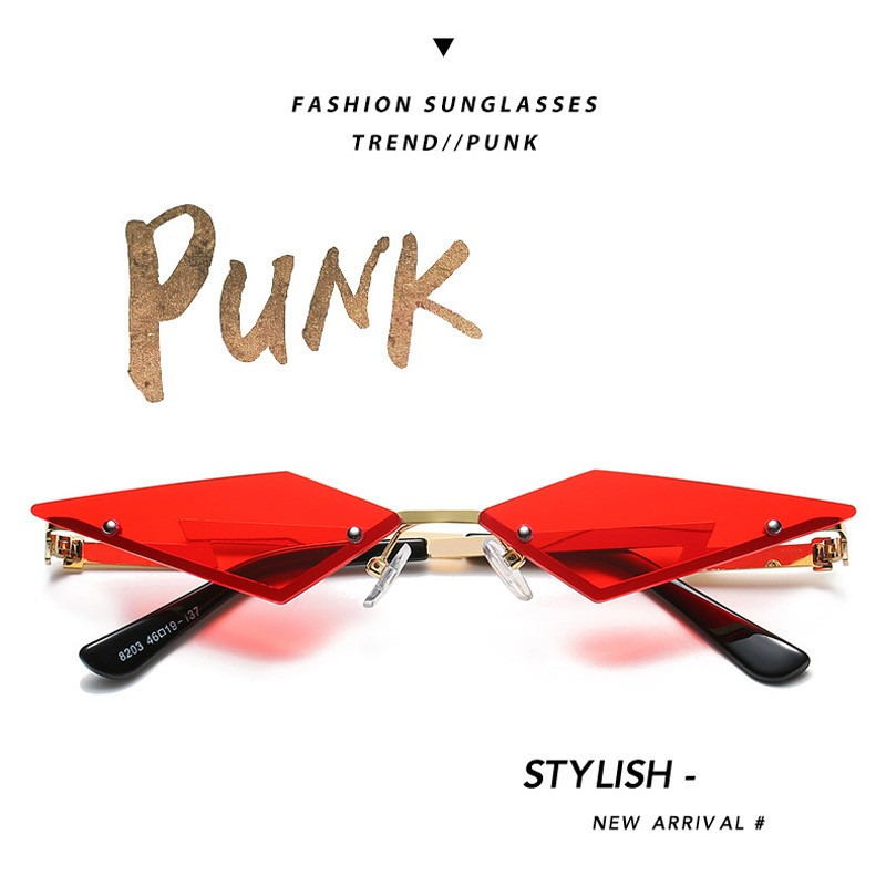 Stylish red rimless cat eye sunglasses, a trendy punk accessory for unisex fashion lovers.
