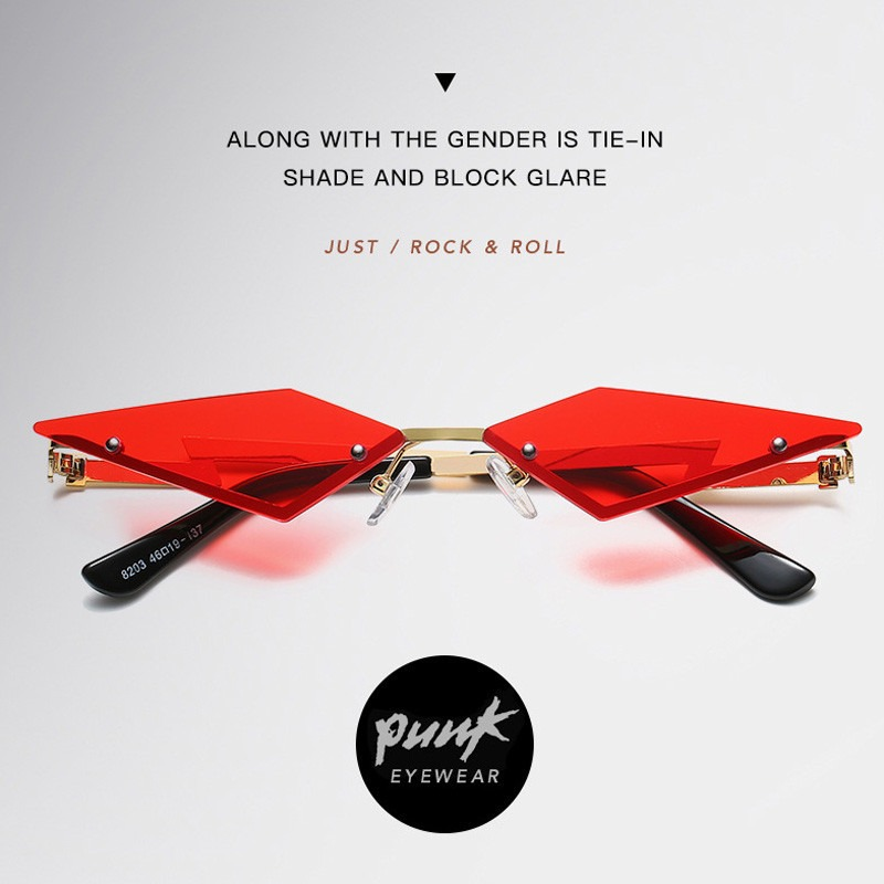 Unisex rimless red cat eye sunglasses in punk style, perfect for blocking glare and making a bold fashion statement.