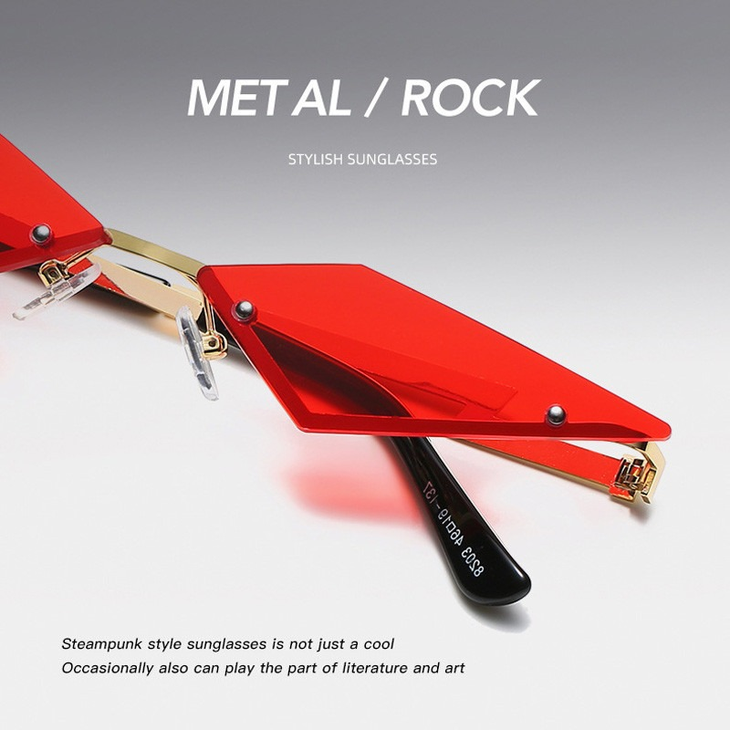 Stylish punk cat eye sunglasses with frameless design and red lenses, perfect for unisex vintage fashion.