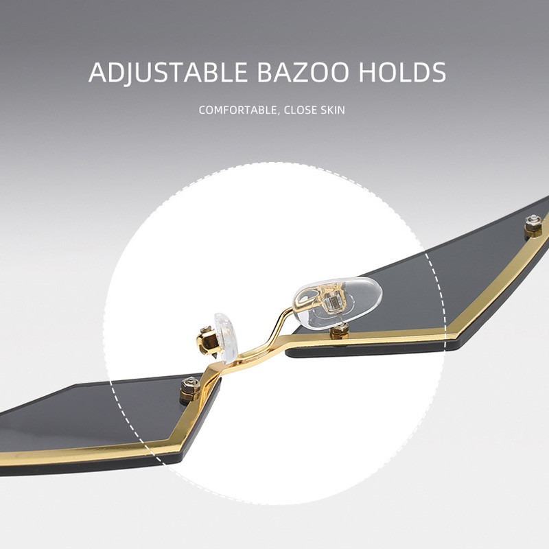Close-up of adjustable Bazoo holds on stylish, frameless cat eye sunglasses for a comfortable fit.