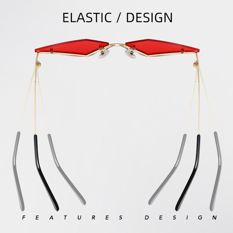 Stylish elastic red rimless cat eye sunglasses with unique design, perfect for a punk fashion statement.