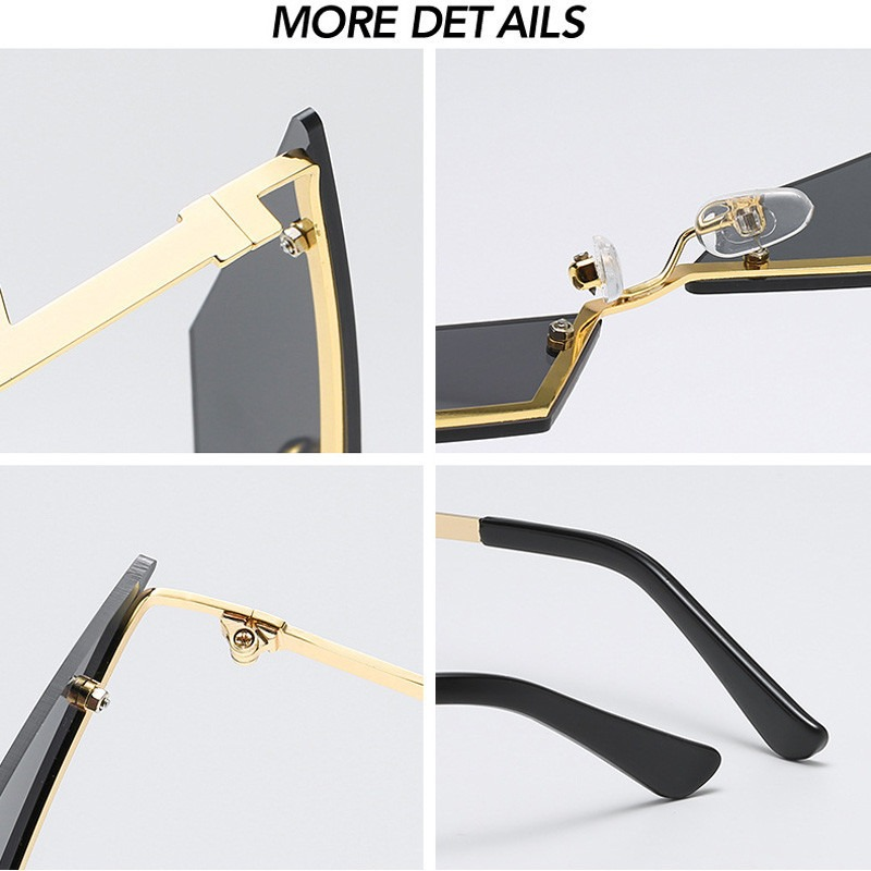 Close-up details of unisex rimless cat eye sunglasses showcasing the stylish frame and sleek design.
