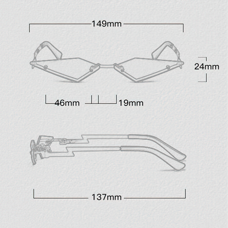 Dimensions of unisex rimless cat eye sunglasses: 149mm width, 24mm height, 137mm temple length.