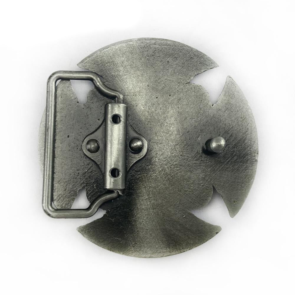 Antique silver Celtic cross belt buckle, handcrafted zinc alloy accessory for cosplay outfits.