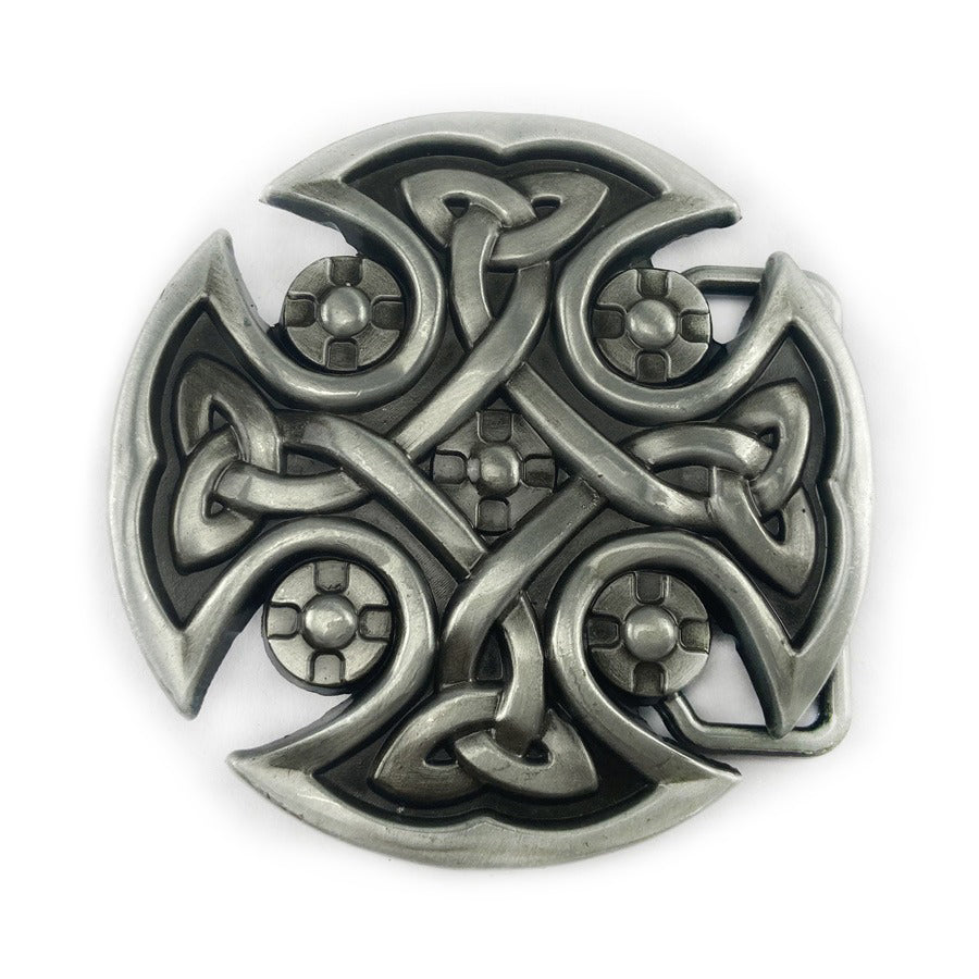 Handmade antique silver Celtic cross belt buckle with intricate knot work design, perfect for cosplay and accessories.
