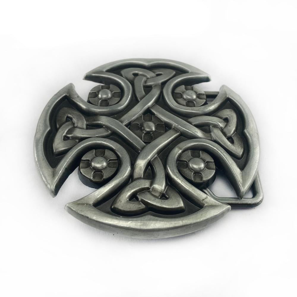 Antique silver Celtic cross belt buckle, handmade design perfect for cosplay or fashion accessories.