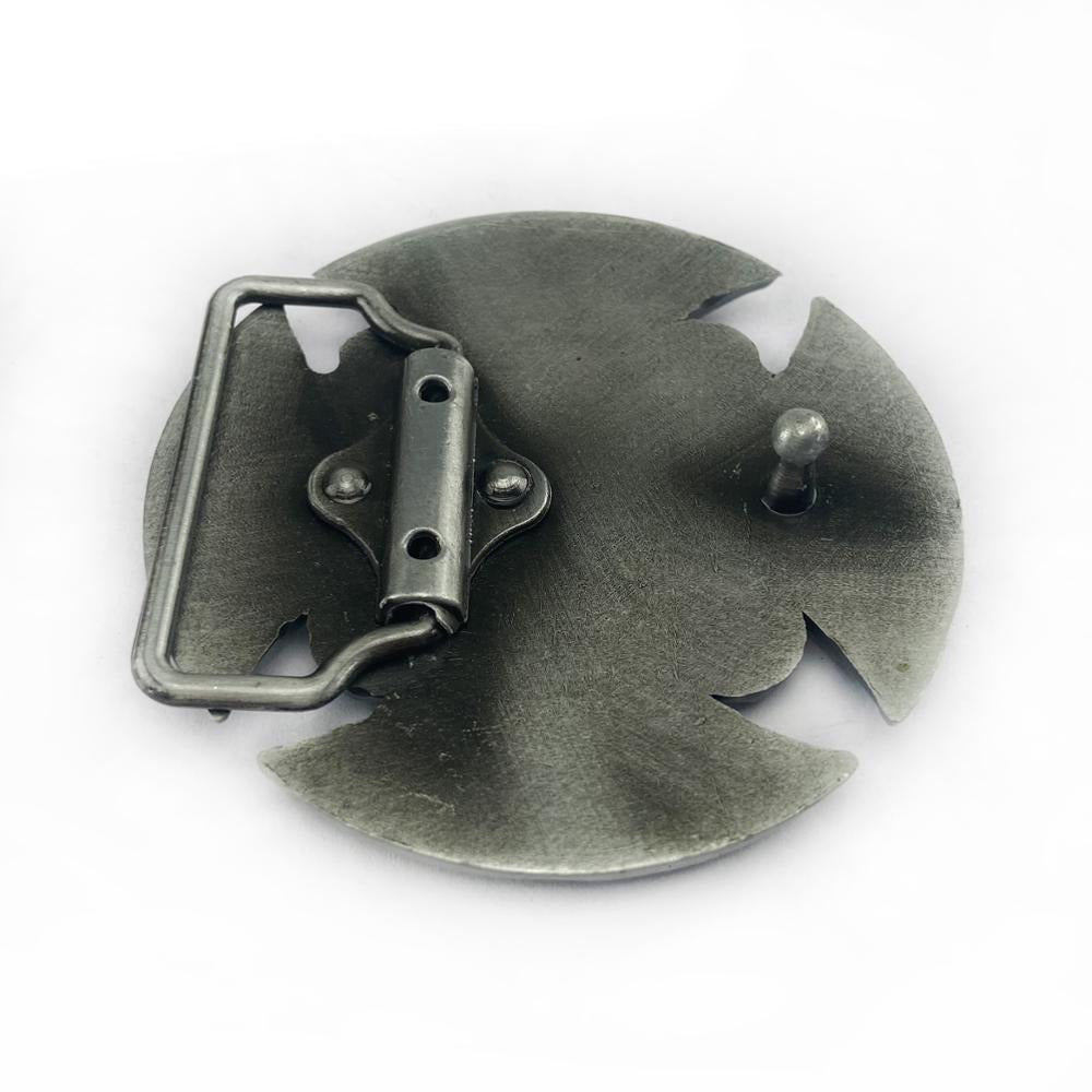 Handmade antique silver Celtic cross belt buckle, unique round design for cosplay and fashion accessories.