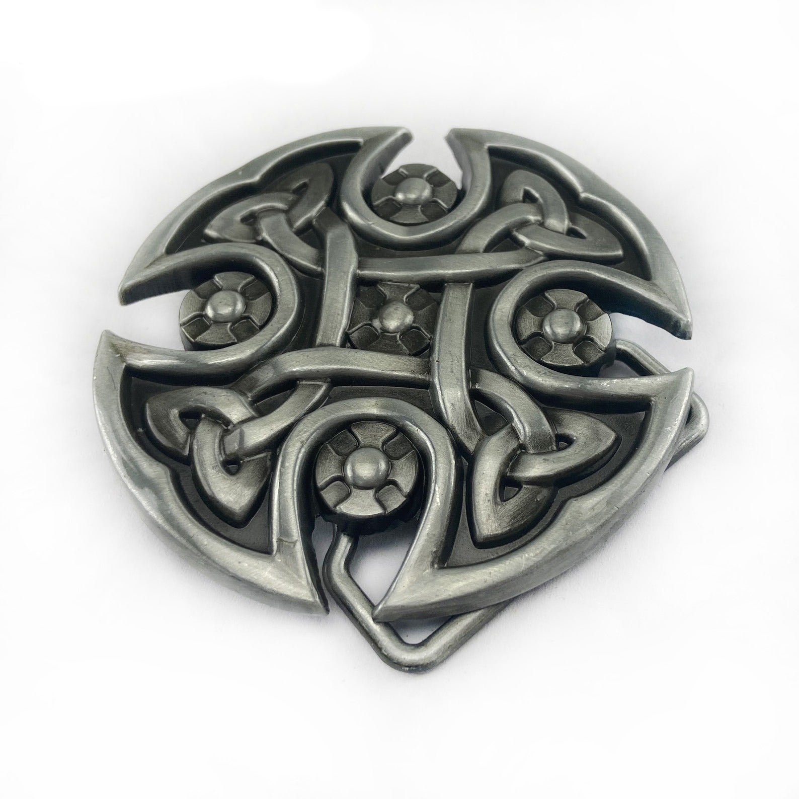 Handmade antique silver Celtic cross belt buckle with intricate knot design, perfect for cosplay and unique fashion statements.