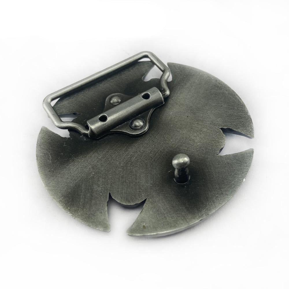 Antique silver Celtic cross belt buckle with unique round design, ideal for cosplay and fashion accessories.