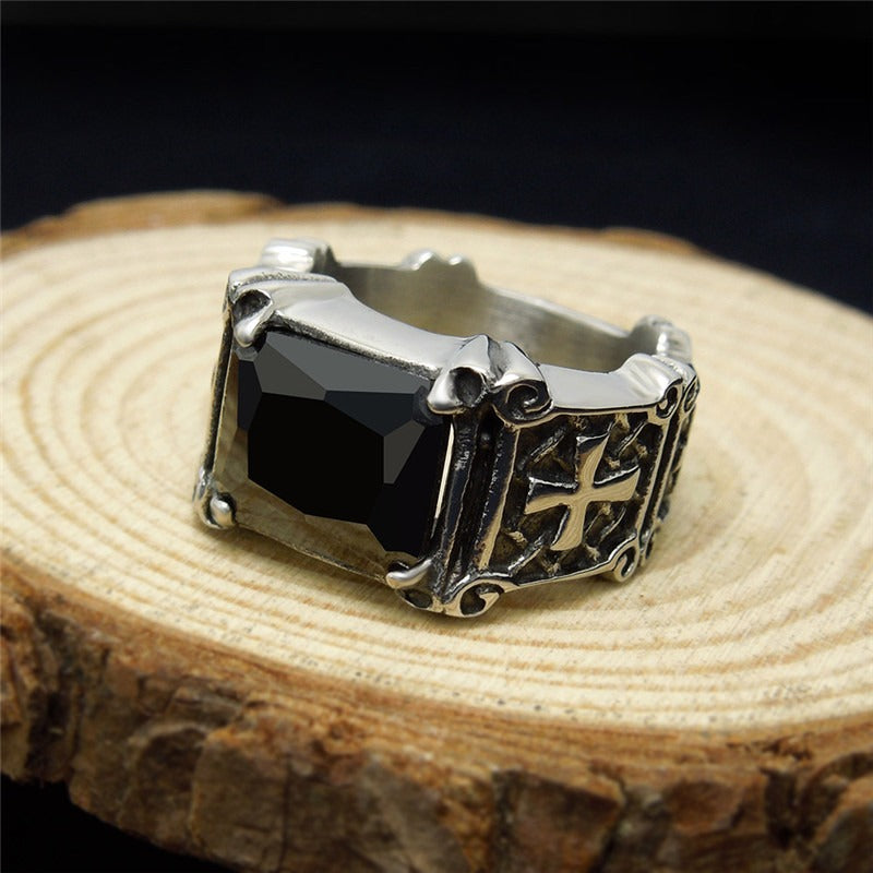 Celtic Cross Ring with large black stone, stainless steel gothic jewelry, perfect for concerts or themed parties.