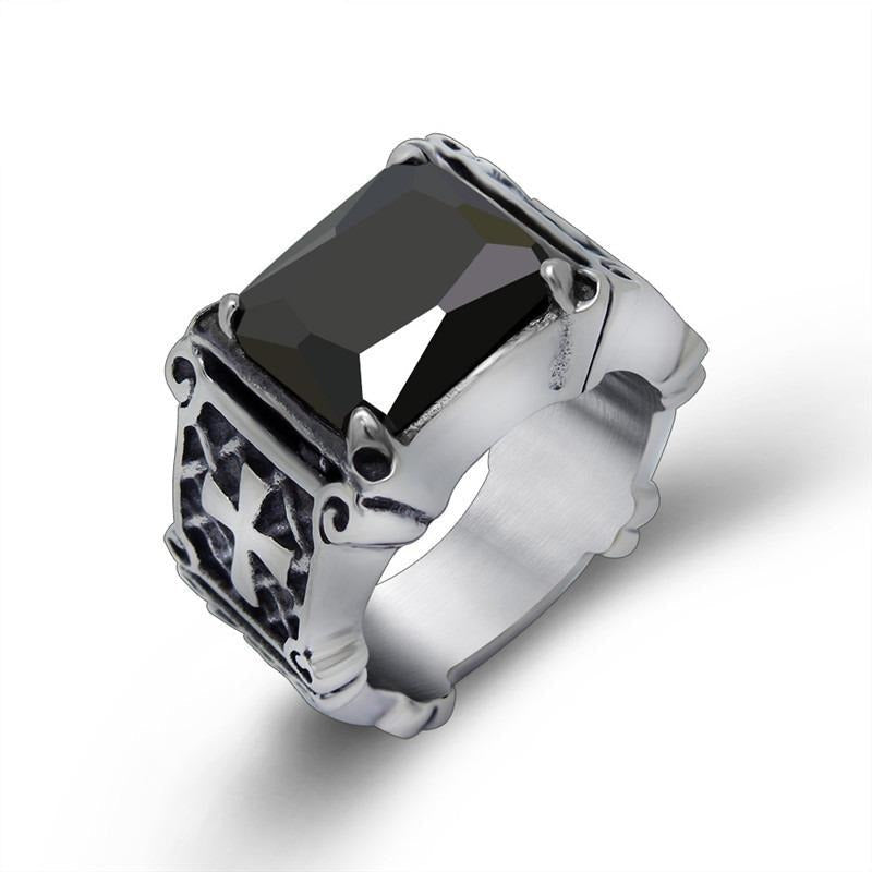 Celtic cross stainless steel ring with large black stone, perfect for punk rock style and gothic jewelry enthusiasts.