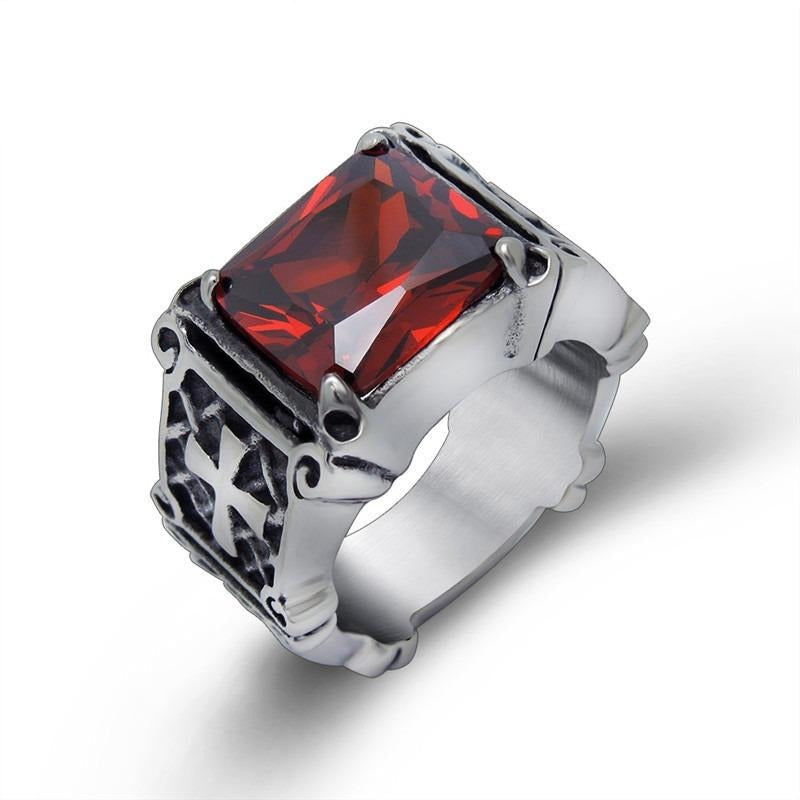 Celtic Cross Ring in stainless steel with a striking red stone, perfect for punk rock and gothic-style lovers.