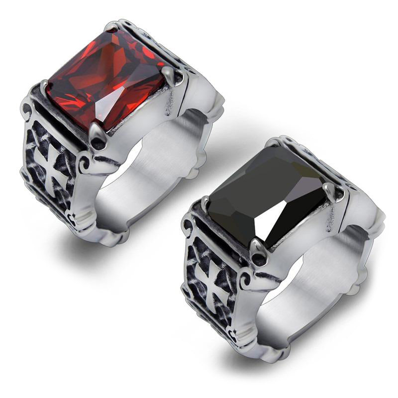 Celtic Cross Rings in red and black stone, stainless steel punk rock jewelry, perfect for concerts and themed parties.
