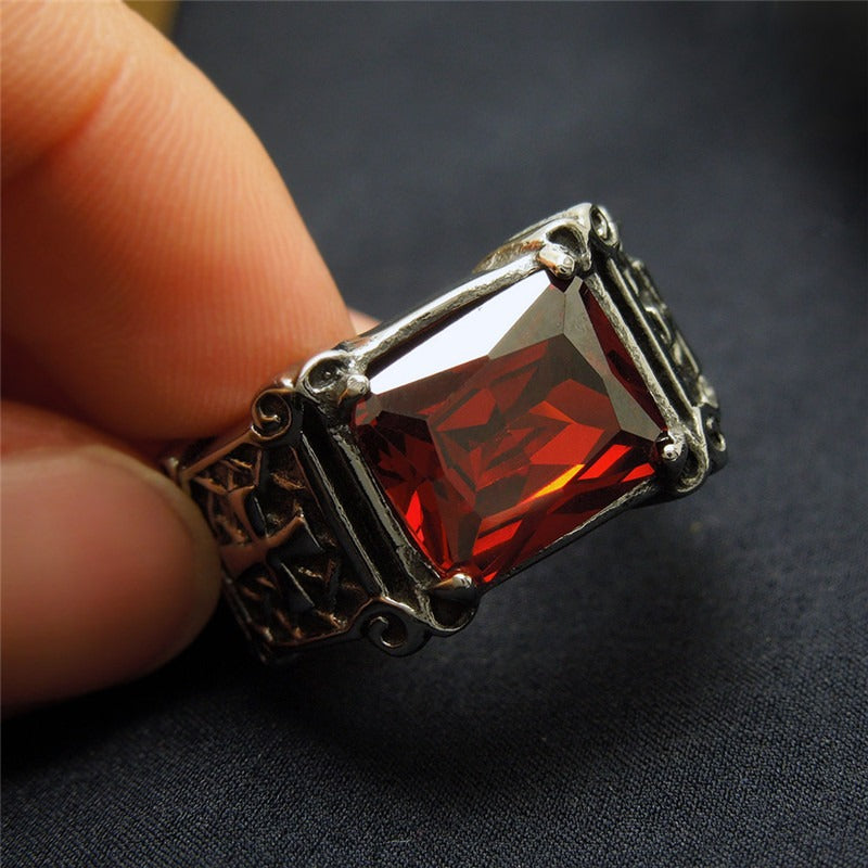 Celtic cross ring with large red stone, stainless steel punk rock jewelry, perfect for concerts and themed parties.