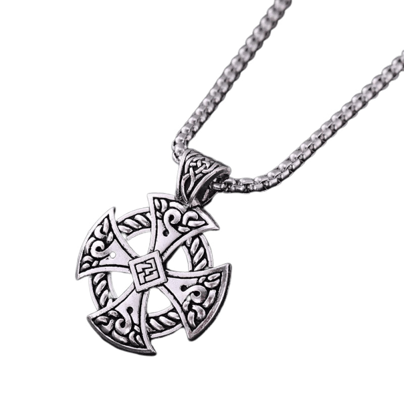 Celtic Cross Shield Pendant Necklace on a silver rope chain, perfect for Viking style jewelry enthusiasts.