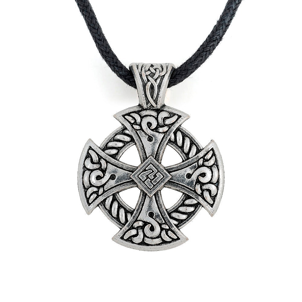 Celtic Cross Shield Pendant Necklace on black rope chain, perfect for Viking-themed events and cosplay.