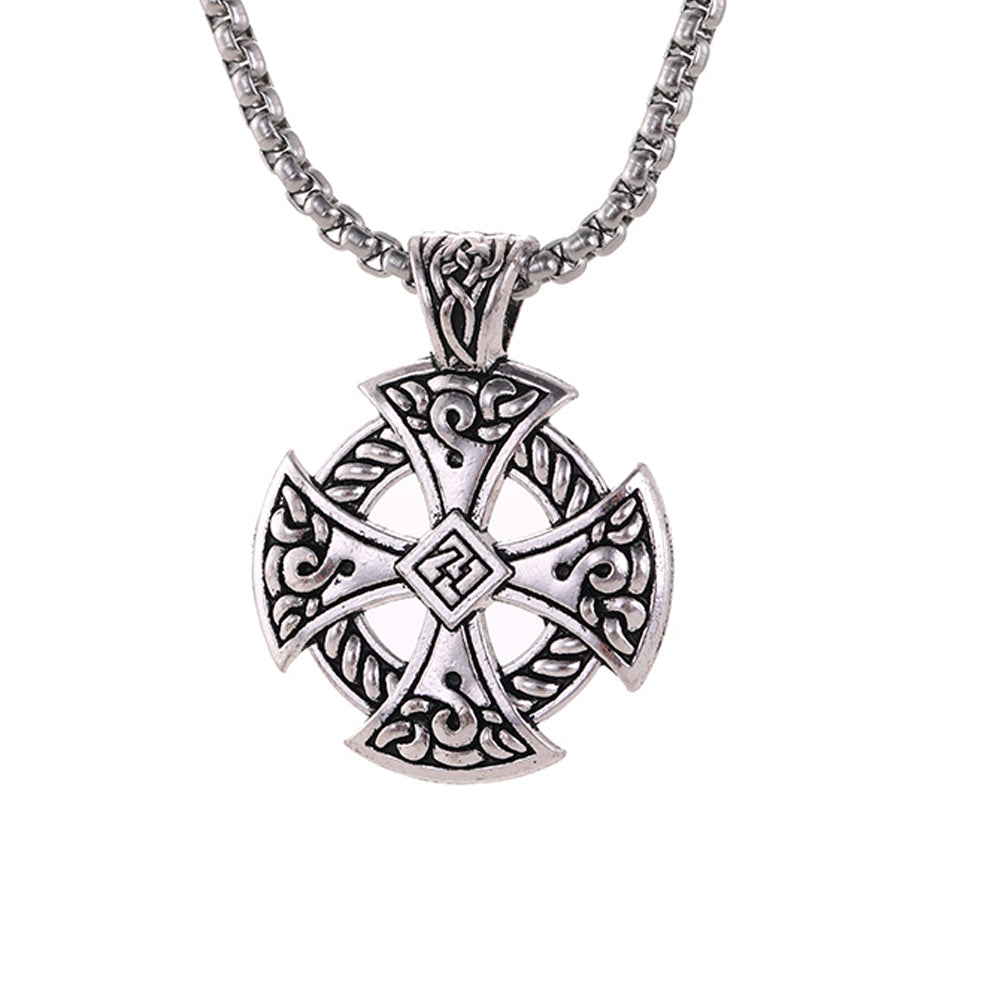 Celtic Cross Shield Pendant Necklace with intricate design on a rope chain, perfect for Viking-themed events.