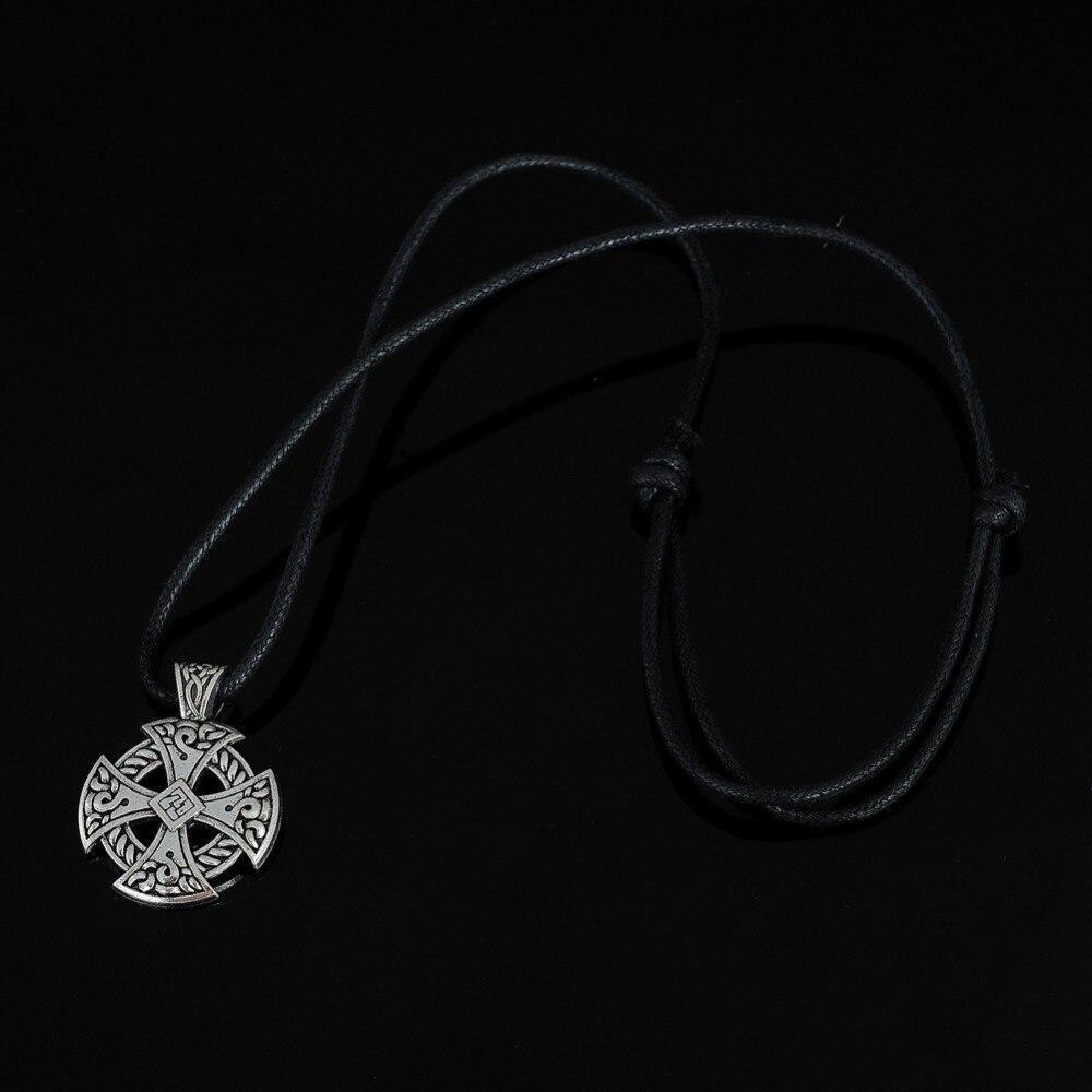Celtic Cross Shield Pendant Necklace on leather cord, stylish Viking-inspired jewelry for cosplay or festivals.