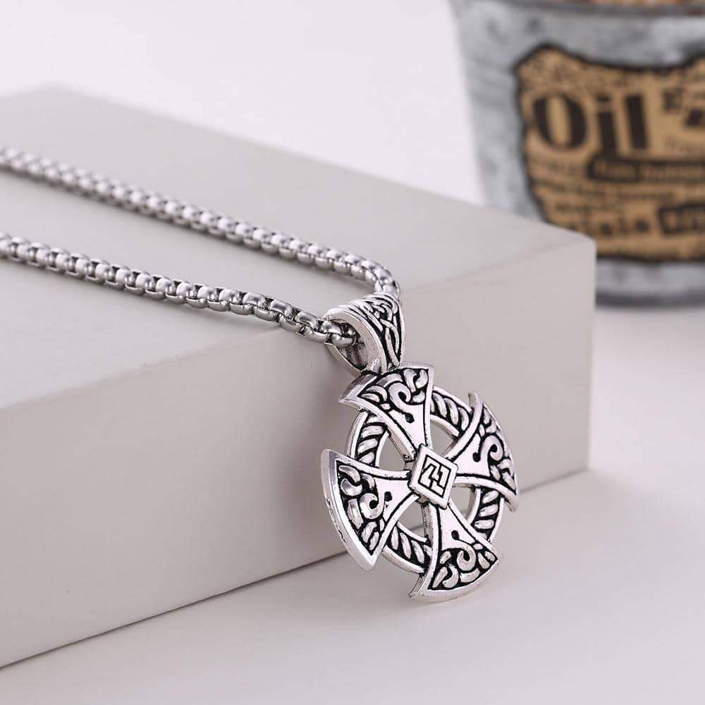 Celtic Cross Shield Pendant Necklace in silver with intricate Viking style design, ideal for cosplay and themed events.