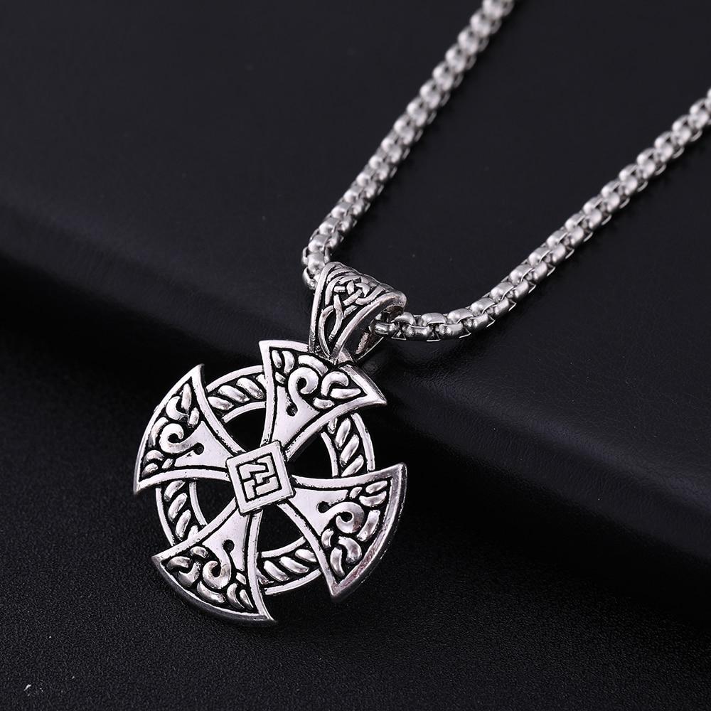 Celtic Cross Shield Pendant Necklace in silver, Viking style jewelry with a rope chain, perfect for cosplay or festivals.