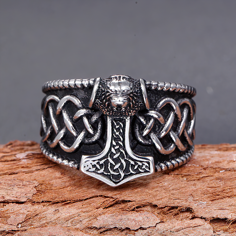 Celtic Thor's Hammer Nordic Ring in stainless steel with decorative symbols, perfect for gothic and rock style.