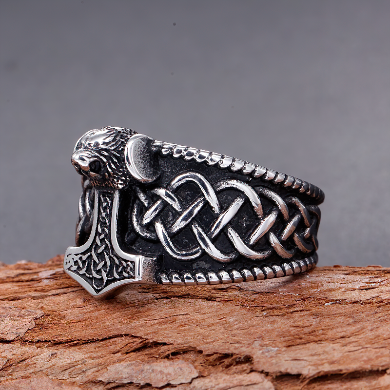 Celtic Thor's Hammer Nordic Ring featuring intricate designs and a lion's head in stainless steel, ideal for unisex gothic style.