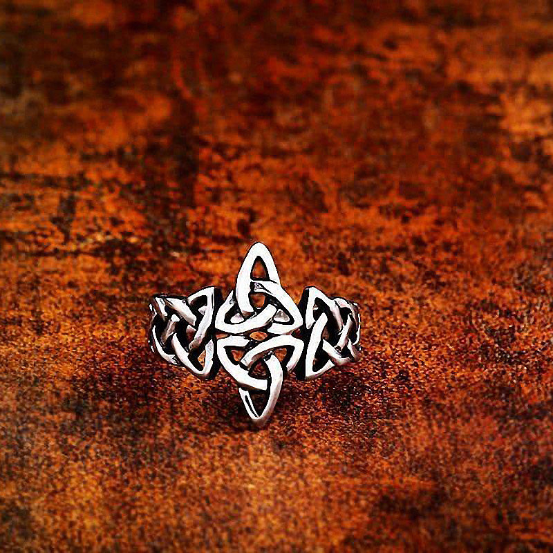 Celtic Viking ring in stainless steel with geometric design, perfect for music festivals and stylish outfits.