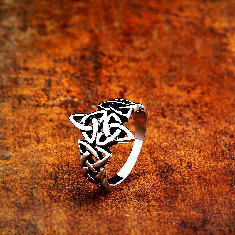 Celtic Viking Ring in stainless steel showcases intricate geometric patterns, perfect for festivals and stylish outfits.