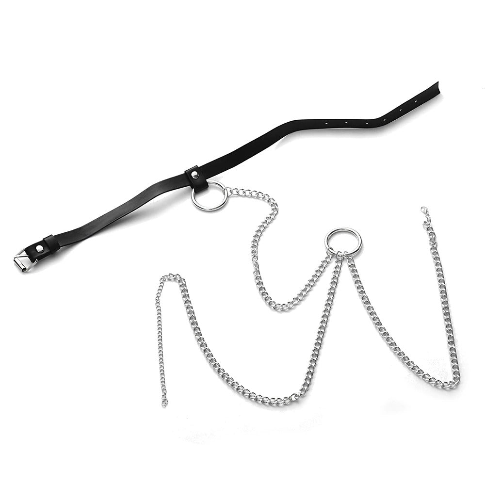 Gothic style chain body harness for women, featuring a choker and metallic chains, unique body accessory.