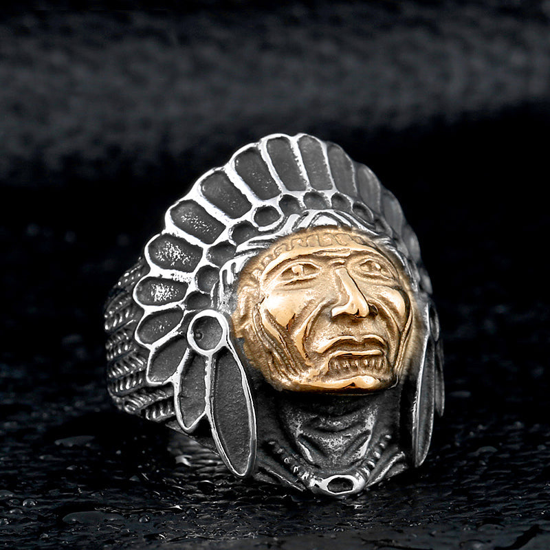 Stunning Indian Chief titanium steel ring featuring a detailed skull design, perfect for cultural representation.