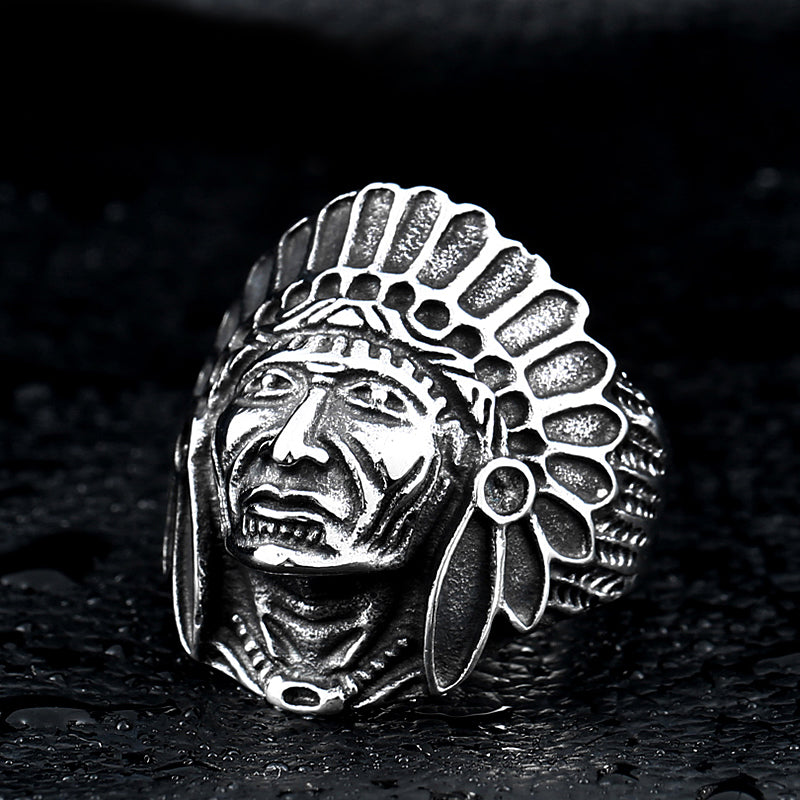Classic Chief Indian Titanium Steel Ring showcasing a detailed skull design, perfect for cultural representation.