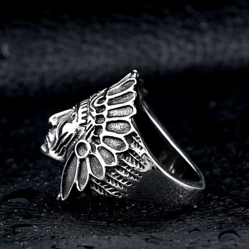 Indian Chief Titanium Steel Ring featuring a detailed skull design, showcasing cultural heritage and stylish elegance.